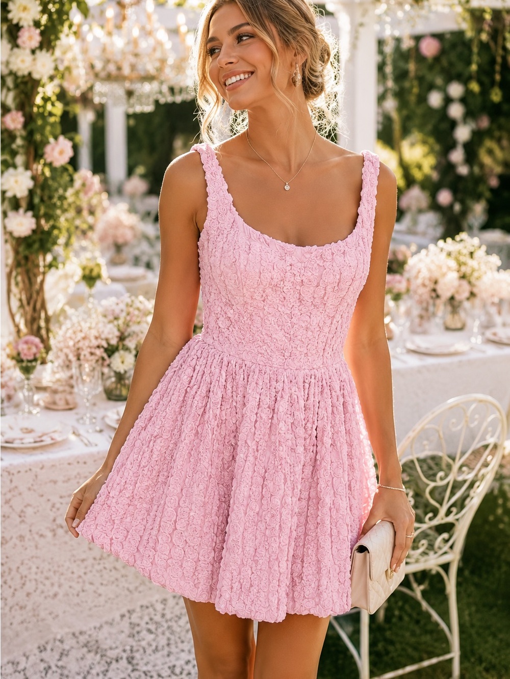 NWT All In Favor Pink Rosette Textured Mini Dress | Coquette Feminine Party